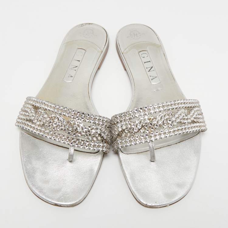 مملوكة مسبقًا Gina Silver Crystal Embellished Leather Flat Slides Size 41