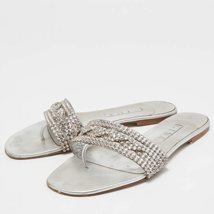 مملوكة مسبقًا Gina Silver Crystal Embellished Leather Flat Slides Size 41