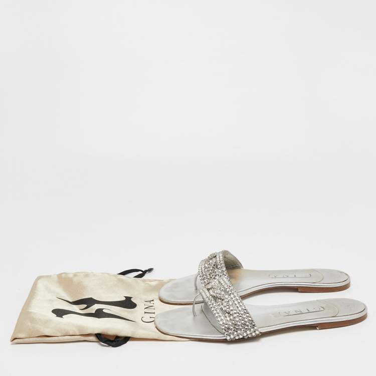 مملوكة مسبقًا Gina Silver Crystal Embellished Leather Flat Slides Size 41