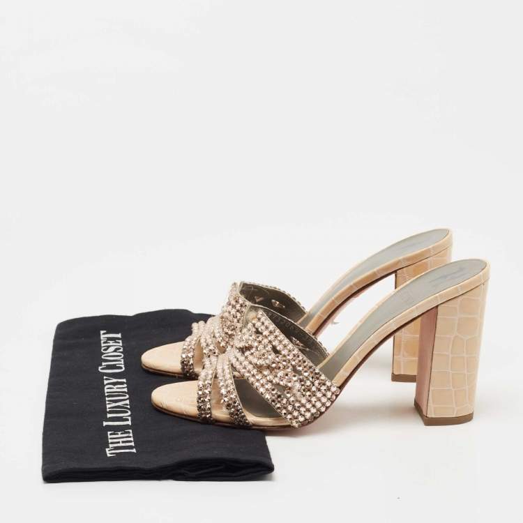 Pre Owned Gina Beige Crystal Embellished Leather Slide Sandals Size 39