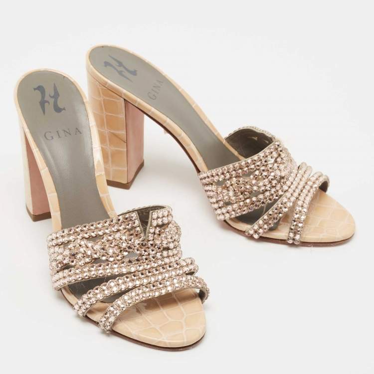 Pre Owned Gina Beige Crystal Embellished Leather Slide Sandals Size 39