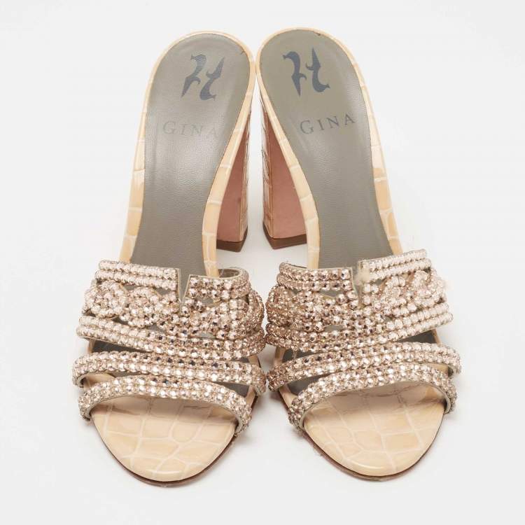 Pre Owned Gina Beige Crystal Embellished Leather Slide Sandals Size 39