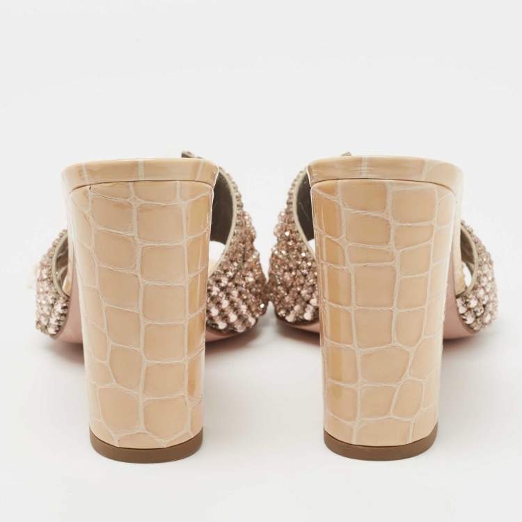 Pre Owned Gina Beige Crystal Embellished Leather Slide Sandals Size 39