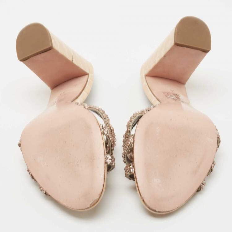 Pre Owned Gina Beige Crystal Embellished Leather Slide Sandals Size 39