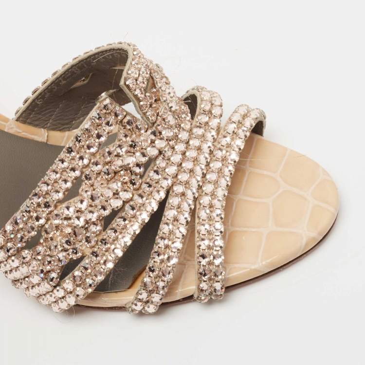 Pre Owned Gina Beige Crystal Embellished Leather Slide Sandals Size 39