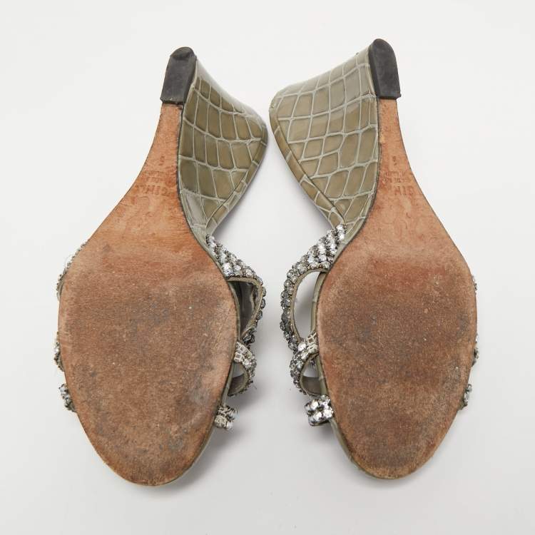 Pre Owned Gina Grey Crystal Embellished Leather Syracuse Wedge Sandals Size 38