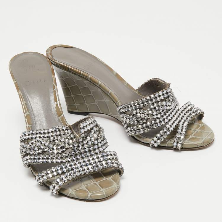 Pre Owned Gina Grey Crystal Embellished Leather Syracuse Wedge Sandals Size 38