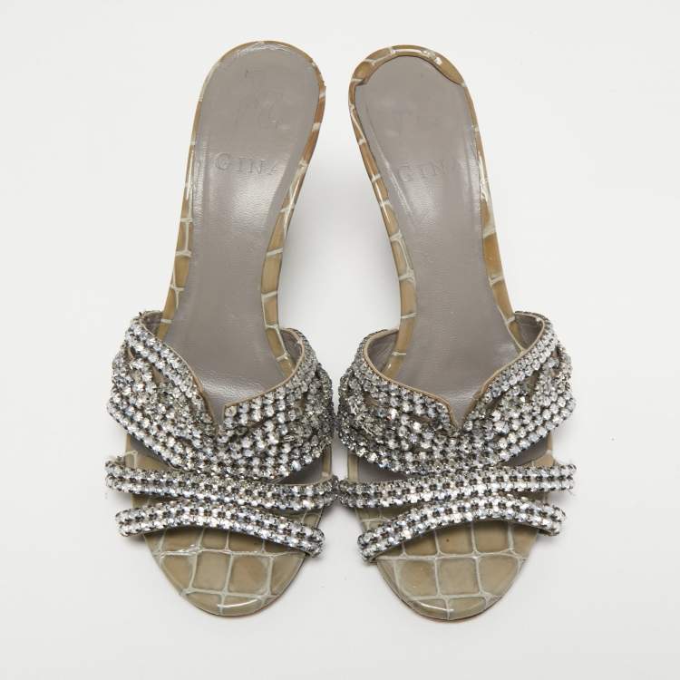 Pre Owned Gina Grey Crystal Embellished Leather Syracuse Wedge Sandals Size 38
