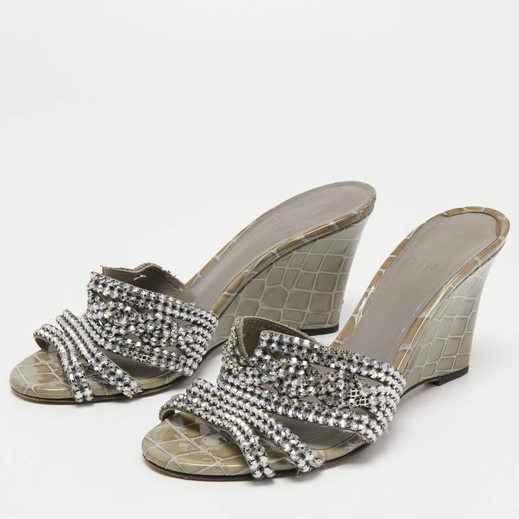 Pre Owned Gina Grey Crystal Embellished Leather Syracuse Wedge Sandals Size 38