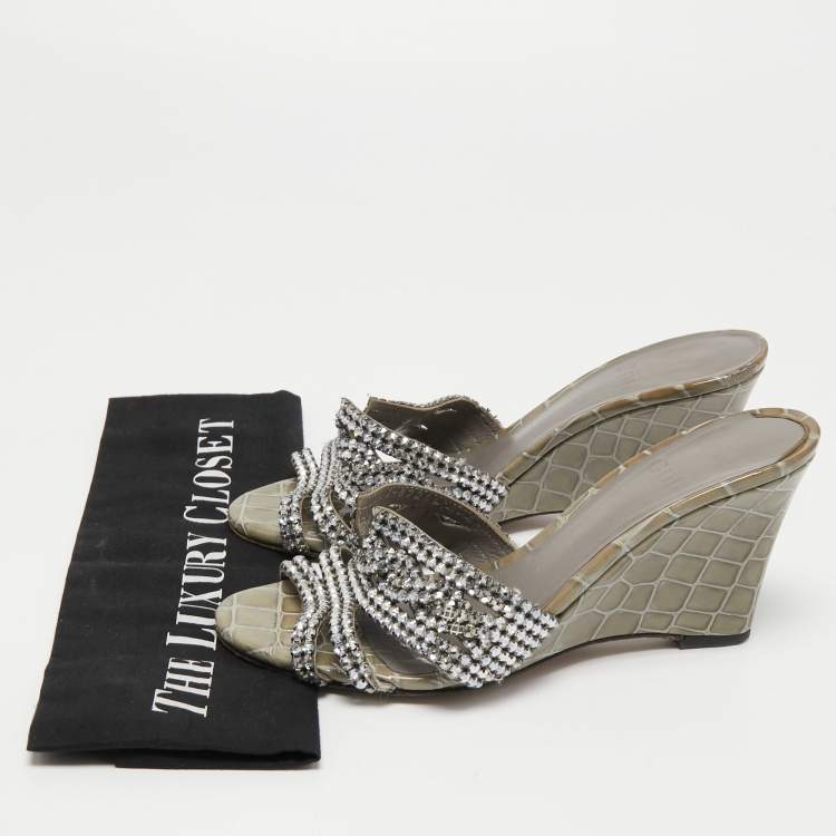 Pre Owned Gina Grey Crystal Embellished Leather Syracuse Wedge Sandals Size 38