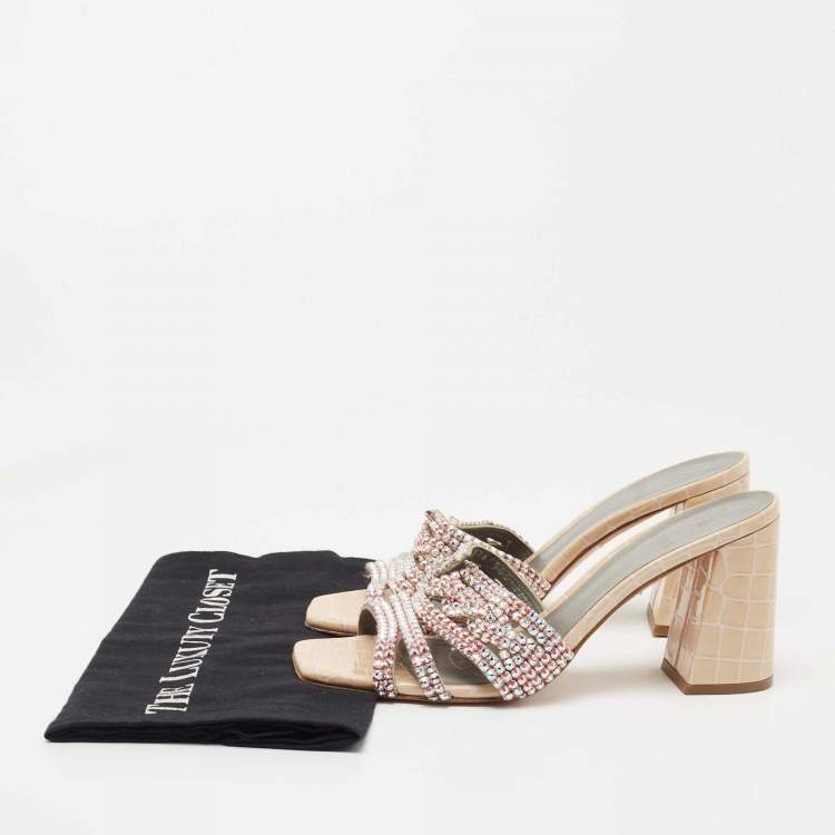 Pre Owned Gina Beige Crystal Embellished Leather Loren Slide Sandals Size 38.5