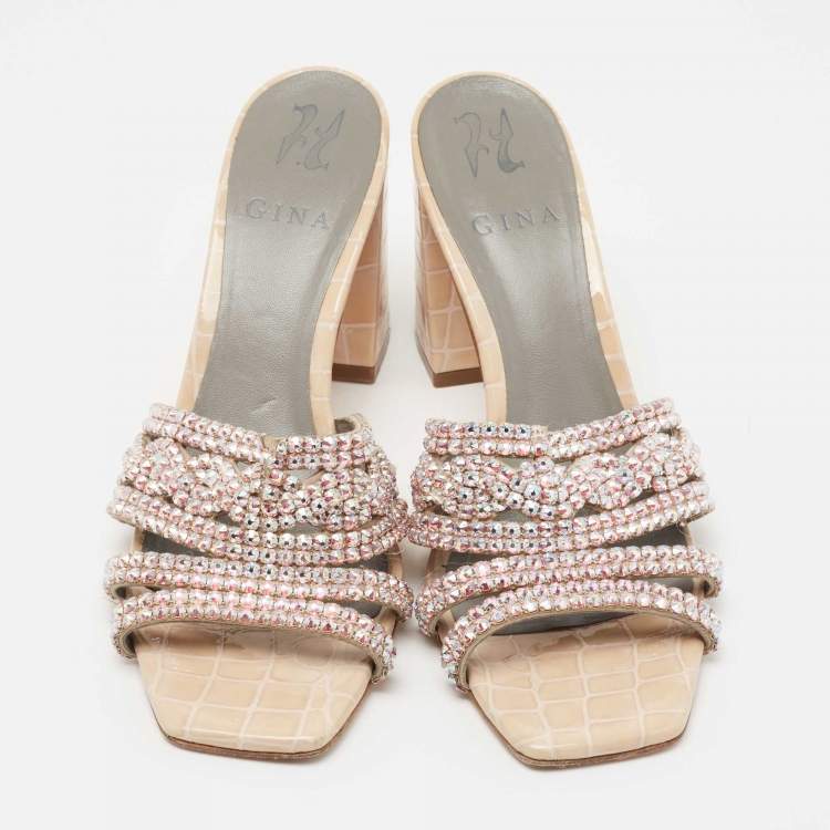Pre Owned Gina Beige Crystal Embellished Leather Loren Slide Sandals Size 38.5