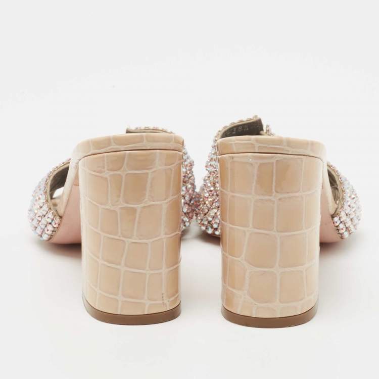 Pre Owned Gina Beige Crystal Embellished Leather Loren Slide Sandals Size 38.5