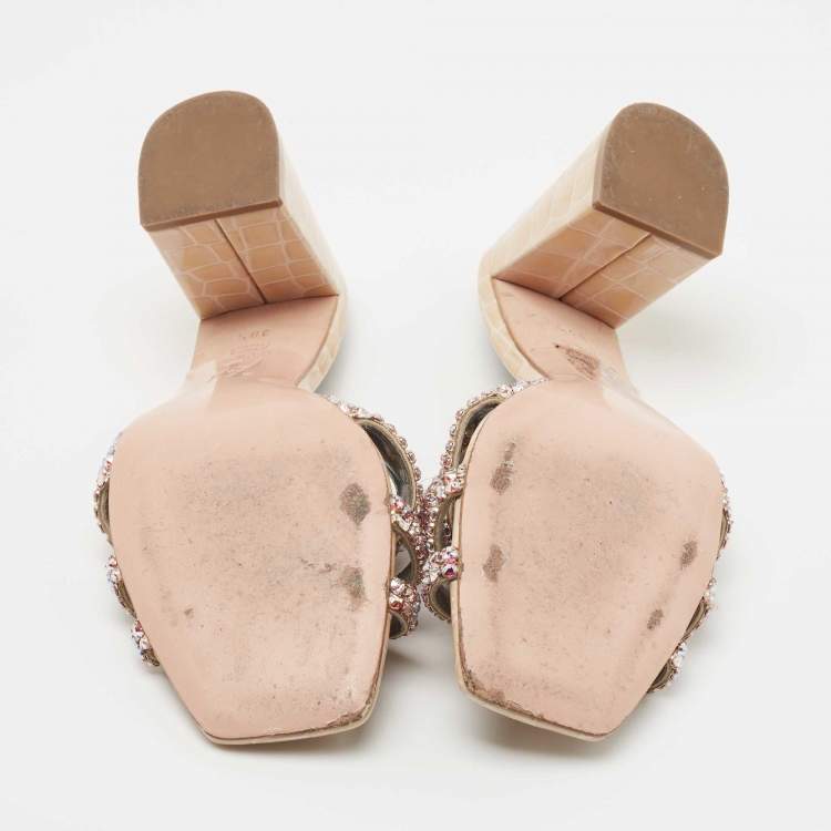 Pre Owned Gina Beige Crystal Embellished Leather Loren Slide Sandals Size 38.5