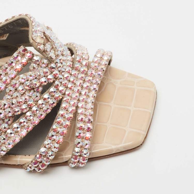 Pre Owned Gina Beige Crystal Embellished Leather Loren Slide Sandals Size 38.5
