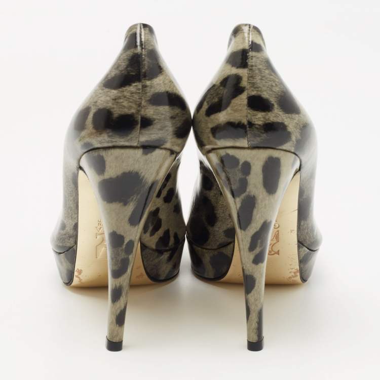 Pre Owned Gina Grey/Black Leopard Print Patent Leather Platform Pumps Size 39.5
