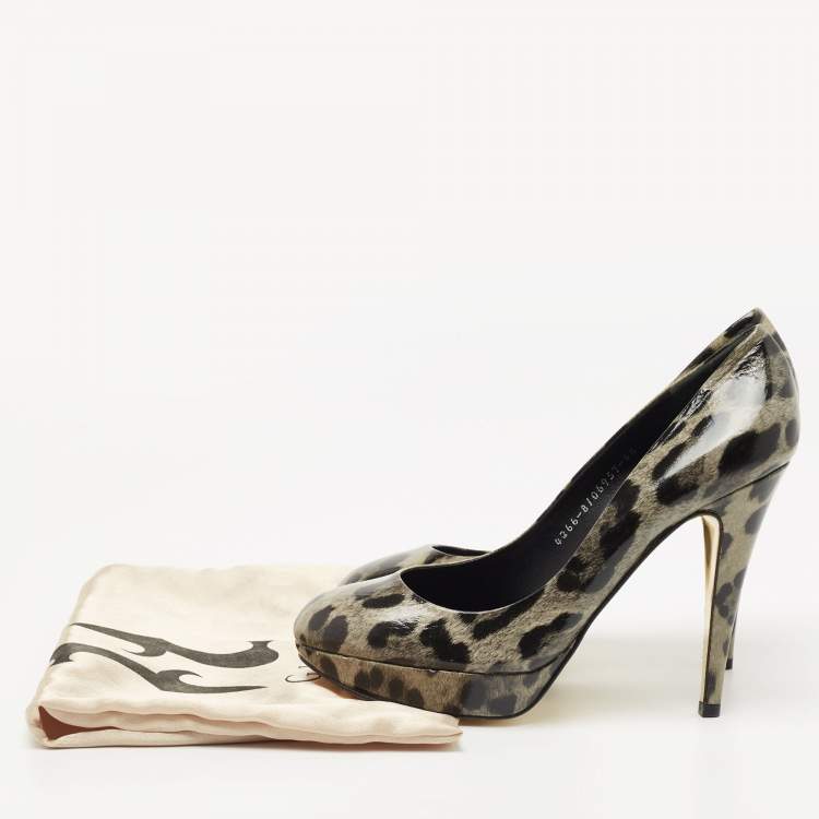 Pre Owned Gina Grey/Black Leopard Print Patent Leather Platform Pumps Size 39.5