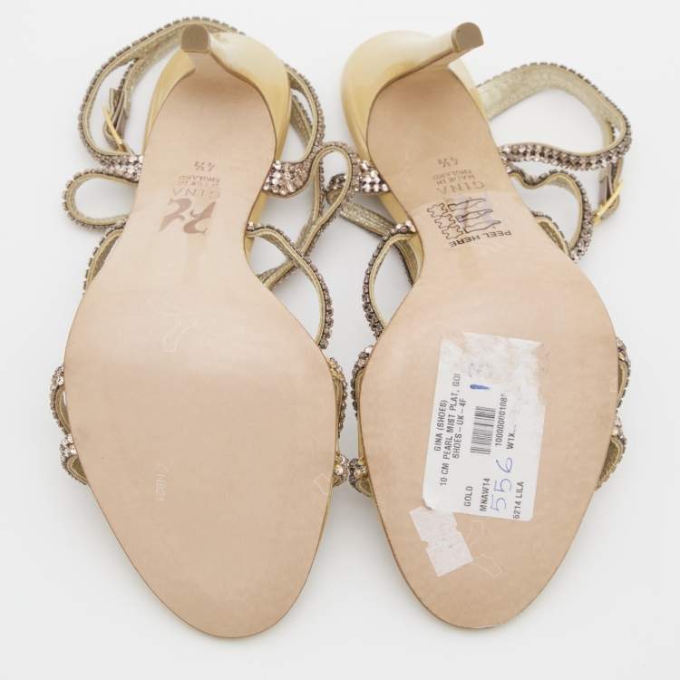 Pre Owned Gina Metallic Gold Leather Crystal Embellished Ankle Strap Sandals Size 37.5