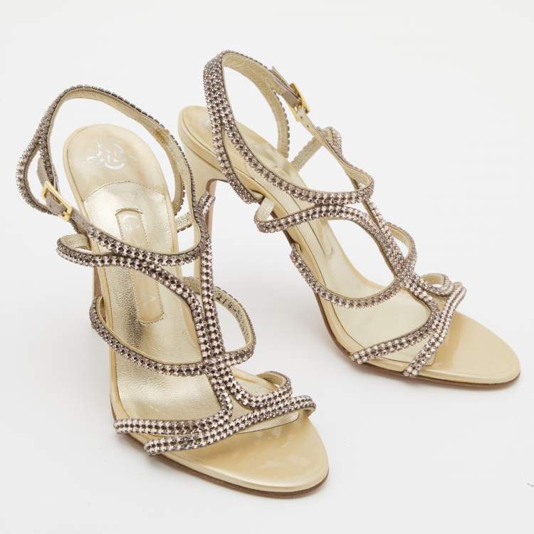 Pre Owned Gina Metallic Gold Leather Crystal Embellished Ankle Strap Sandals Size 37.5