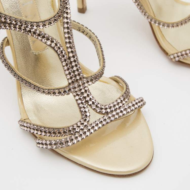 Pre Owned Gina Metallic Gold Leather Crystal Embellished Ankle Strap Sandals Size 37.5
