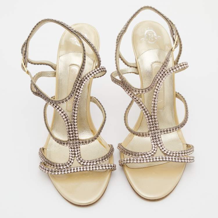 Pre Owned Gina Metallic Gold Leather Crystal Embellished Ankle Strap Sandals Size 37.5