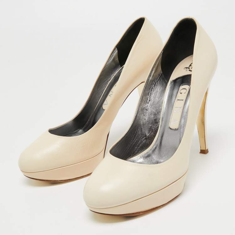 Pre Owned Gina Cream Leather Platform Pumps Size 39
