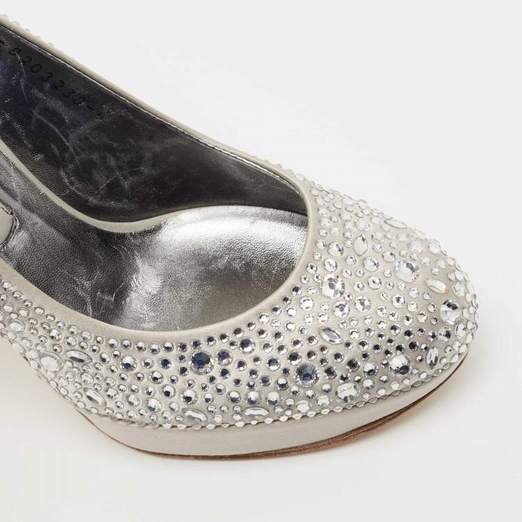 Pre Owned Gina Silver Crystal Embellished Satin Platform Pumps Size 39