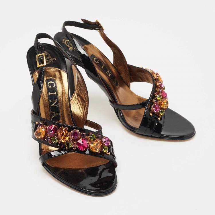 مملوكة مسبقًا Gina Black Patent Leather Crystal Embellished Slingback Sandals Size 38