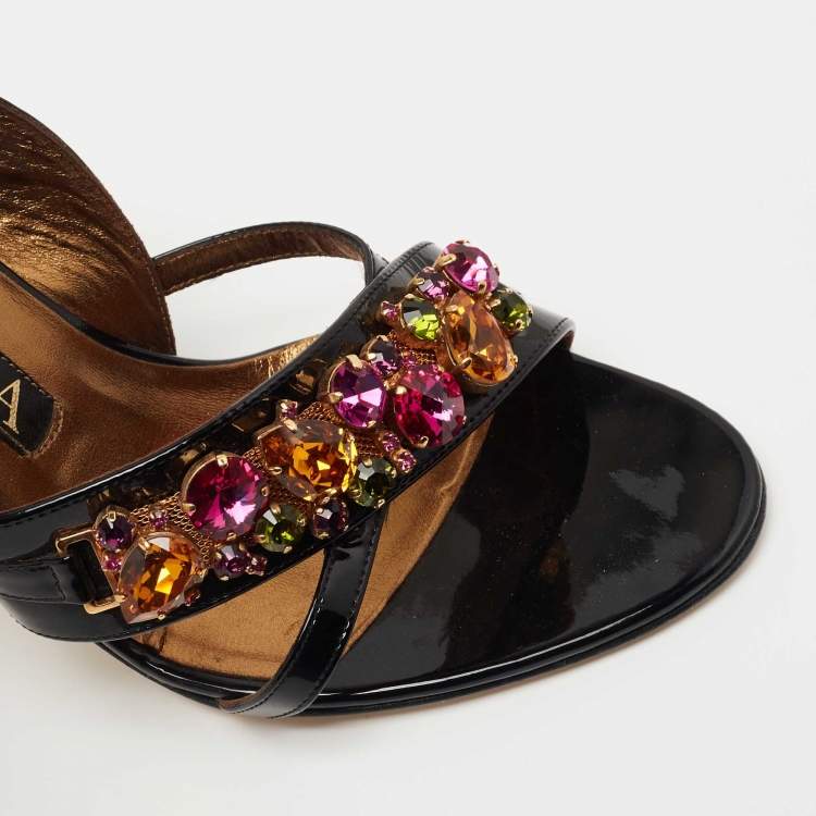 مملوكة مسبقًا Gina Black Patent Leather Crystal Embellished Slingback Sandals Size 38