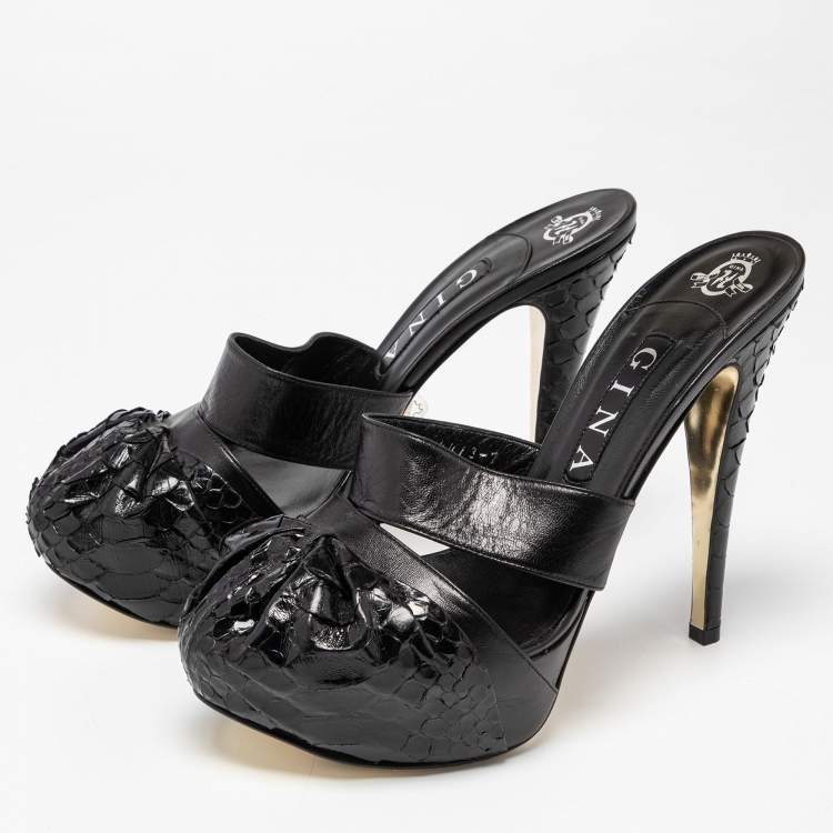 Pre Owned Gina Black Python and Leather Cap Toe Platform Sandals Size 40