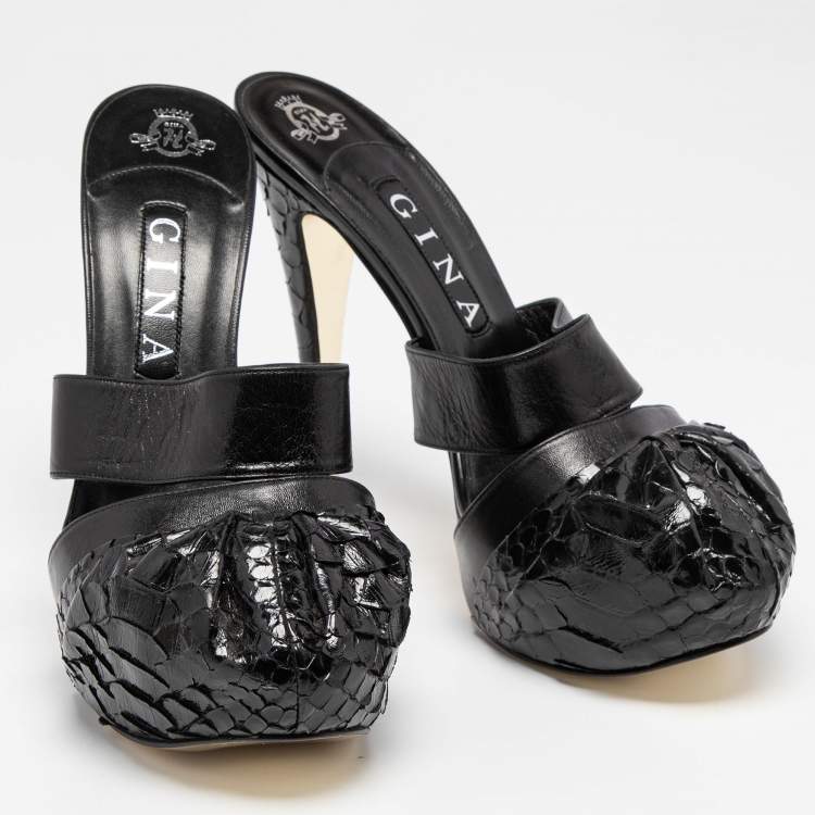 Pre Owned Gina Black Python and Leather Cap Toe Platform Sandals Size 40