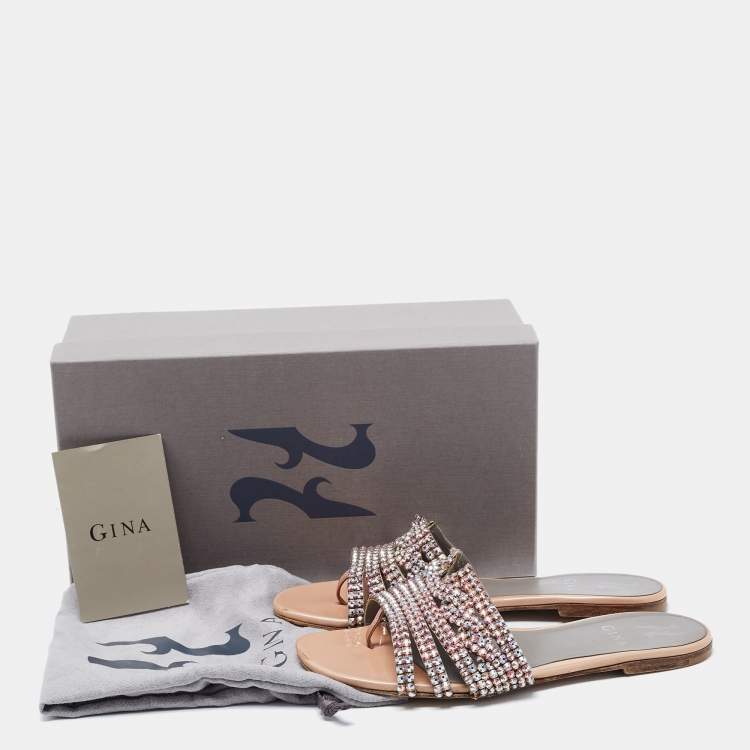 Pre Owned Gina Beige Patent Leather Loren Slide Flats Size 38.5 