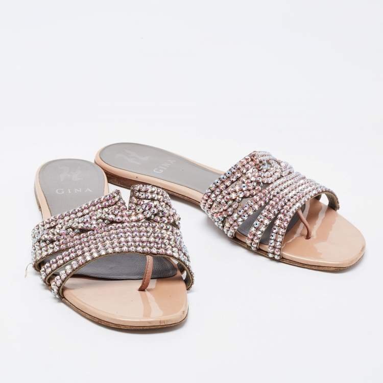 Pre Owned Gina Beige Patent Leather Loren Slide Flats Size 38.5 