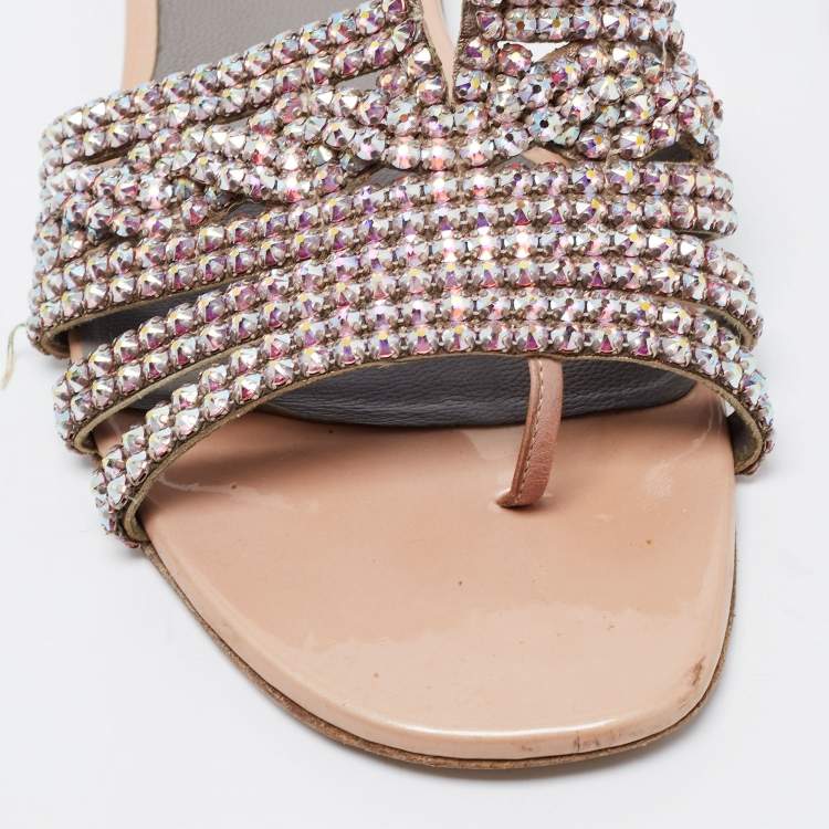 Pre Owned Gina Beige Patent Leather Loren Slide Flats Size 38.5 