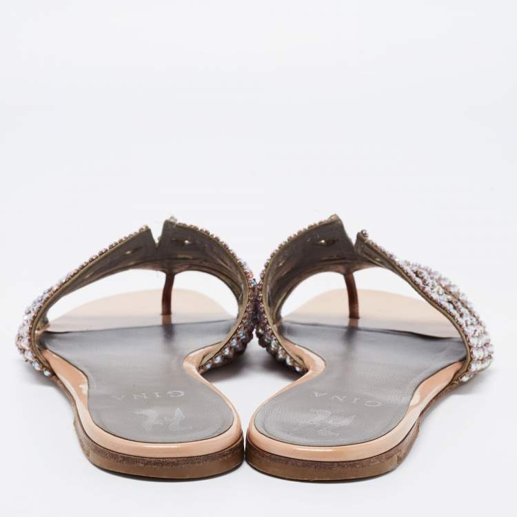 Pre Owned Gina Beige Patent Leather Loren Slide Flats Size 38.5 