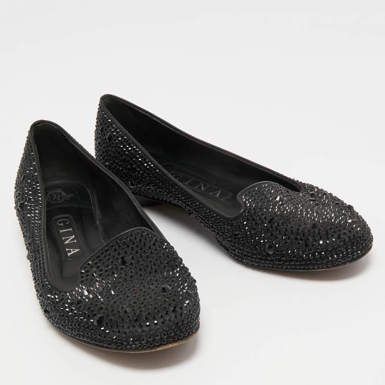 Pre Owned Gina Black Satin Crystal Embellished Smoking Slippers Size 38