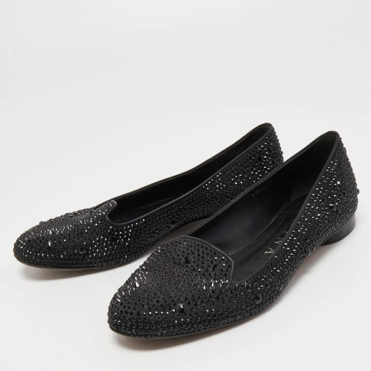 Pre Owned Gina Black Satin Crystal Embellished Smoking Slippers Size 38