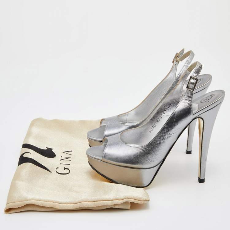 Pre Owned Gina Metallic Grey Leather Open Toe Platform Slingback Pumps Size 36.5