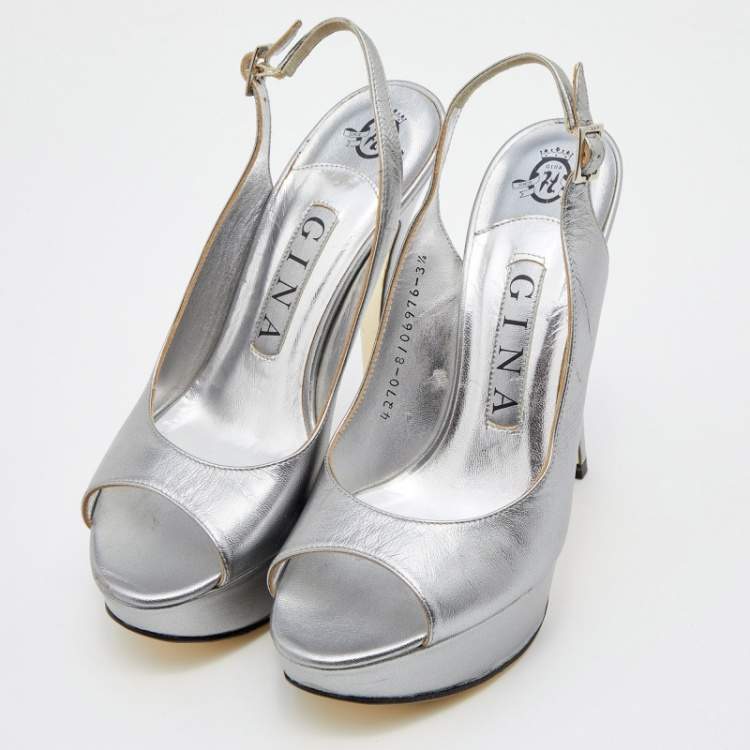 Pre Owned Gina Metallic Grey Leather Open Toe Platform Slingback Pumps Size 36.5