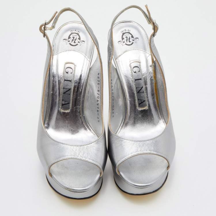 Pre Owned Gina Metallic Grey Leather Open Toe Platform Slingback Pumps Size 36.5