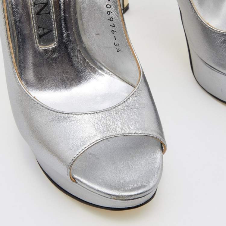 Pre Owned Gina Metallic Grey Leather Open Toe Platform Slingback Pumps Size 36.5