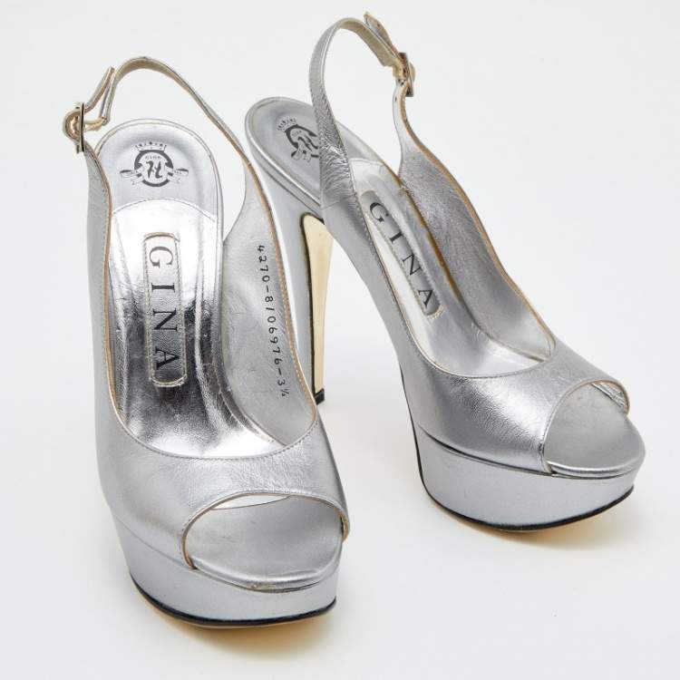 Pre Owned Gina Metallic Grey Leather Open Toe Platform Slingback Pumps Size 36.5