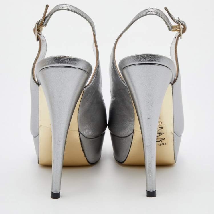 Pre Owned Gina Metallic Grey Leather Open Toe Platform Slingback Pumps Size 36.5