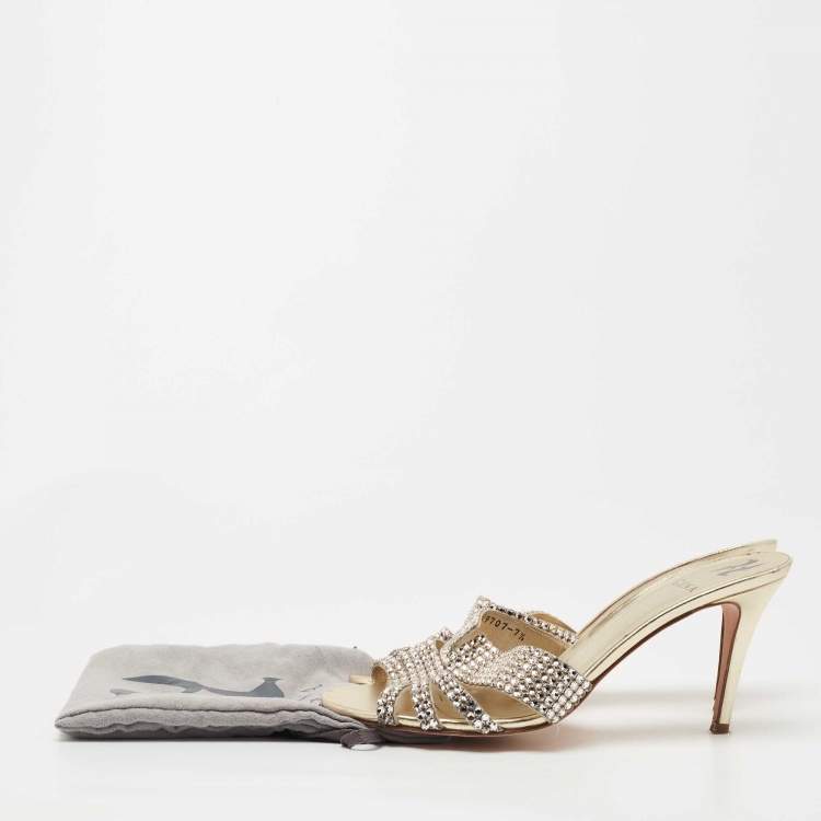 مملوكة مسبقًا Gina Gold Crystal Embellished Leather Slide Sandals Size 40.5