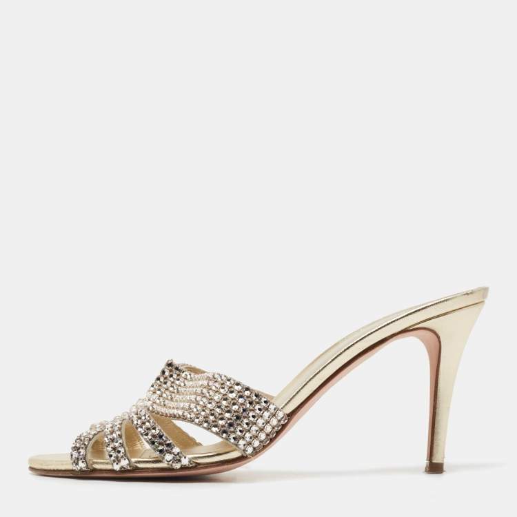مملوكة مسبقًا Gina Gold Crystal Embellished Leather Slide Sandals Size 40.5
