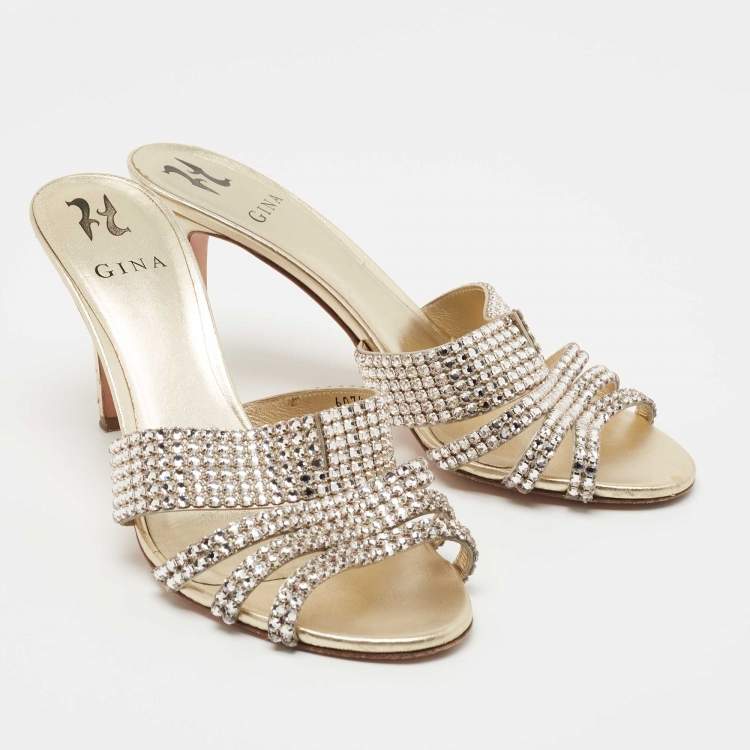 مملوكة مسبقًا Gina Gold Crystal Embellished Leather Slide Sandals Size 40.5