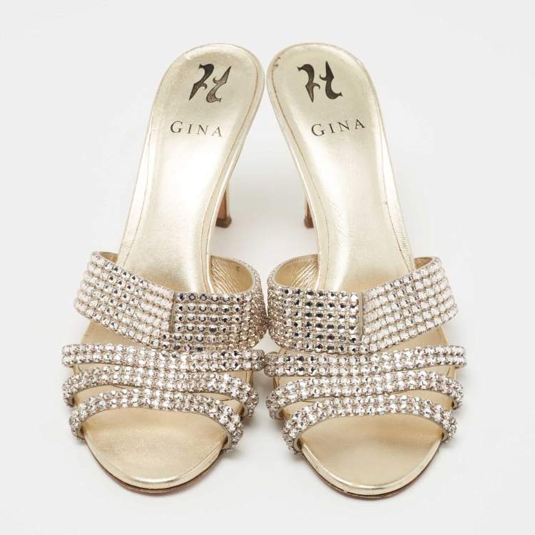 مملوكة مسبقًا Gina Gold Crystal Embellished Leather Slide Sandals Size 40.5