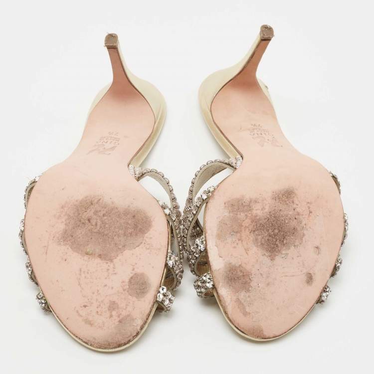 مملوكة مسبقًا Gina Gold Crystal Embellished Leather Slide Sandals Size 40.5