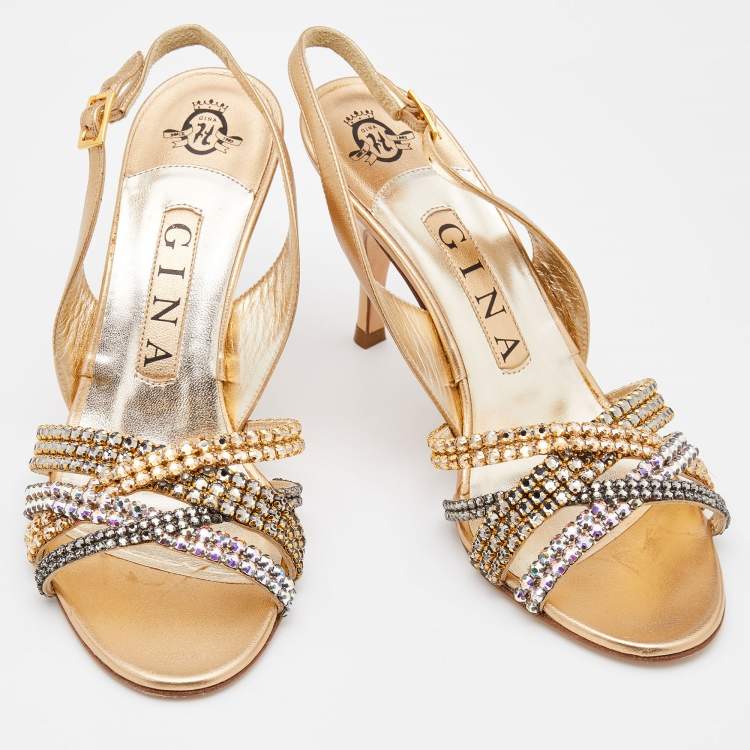 Pre Owned Gina Metallic Gold Leather Crystal Embellished Slingback Sandals Size 37