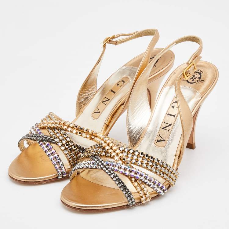 Pre Owned Gina Metallic Gold Leather Crystal Embellished Slingback Sandals Size 37